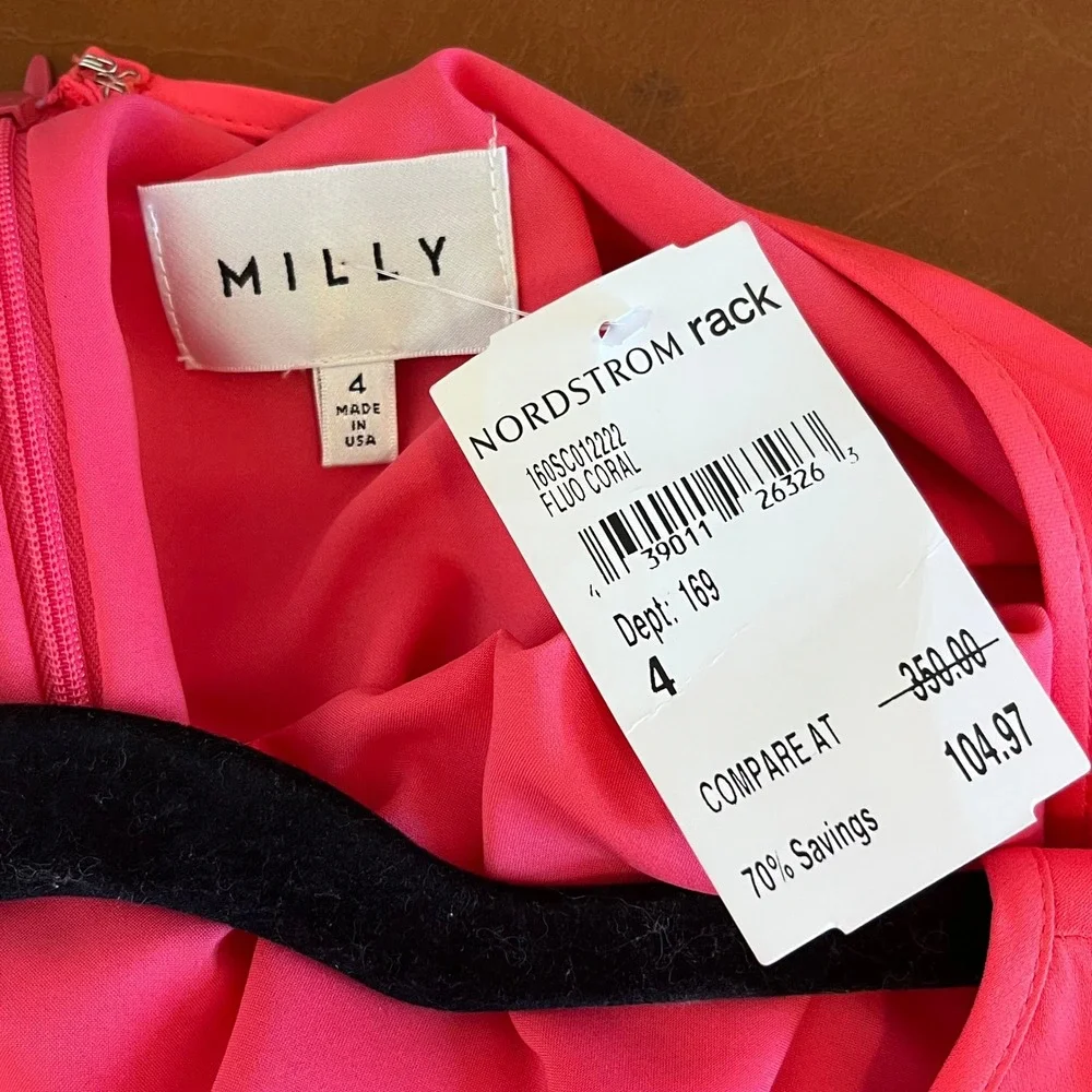 Milly Silk Blend Shift Dress‎ Coral Bell Sleeve Mini Size 4 NWT